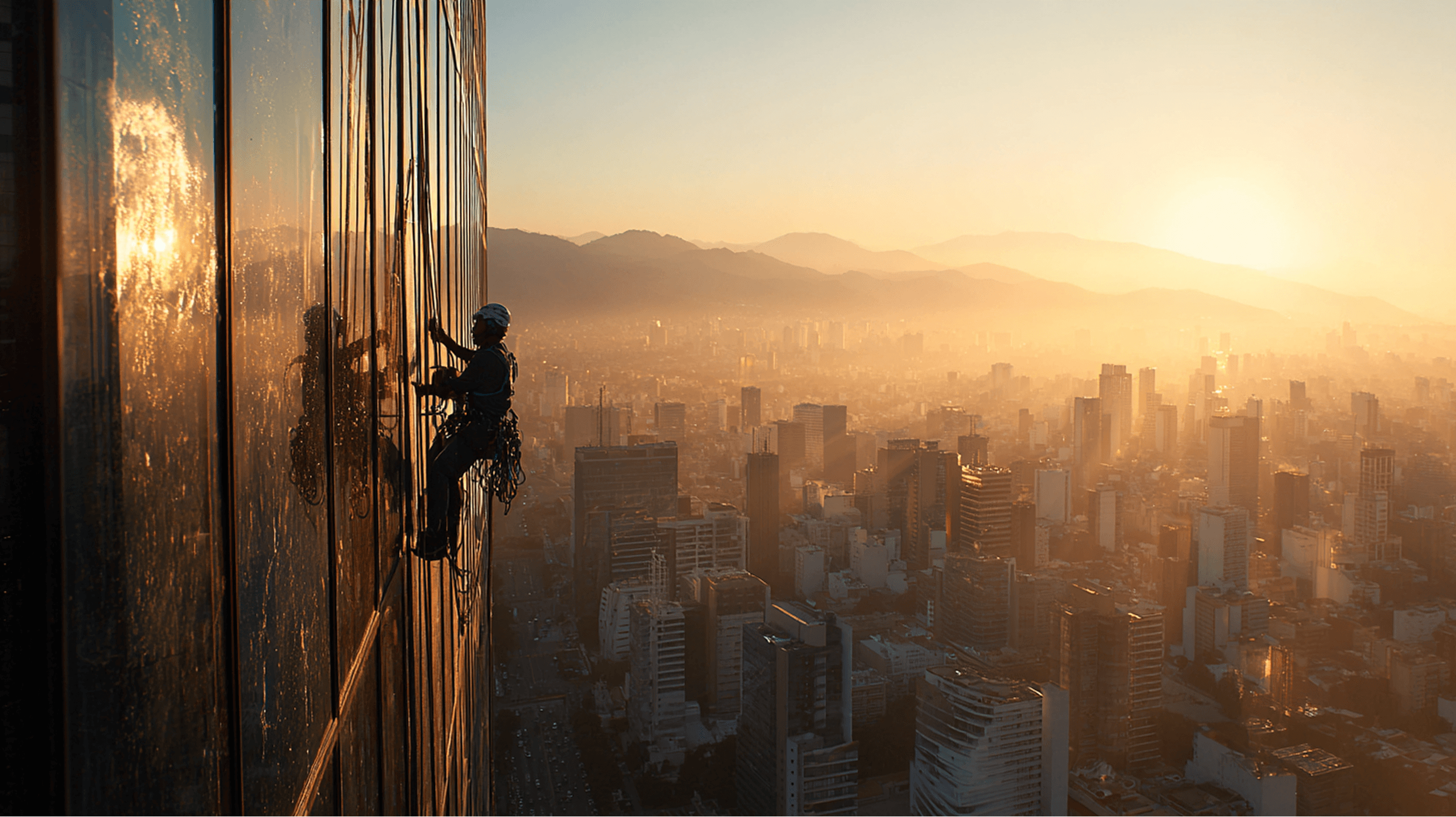 JG Clean technician rappelling a high-rise — precision in every environment