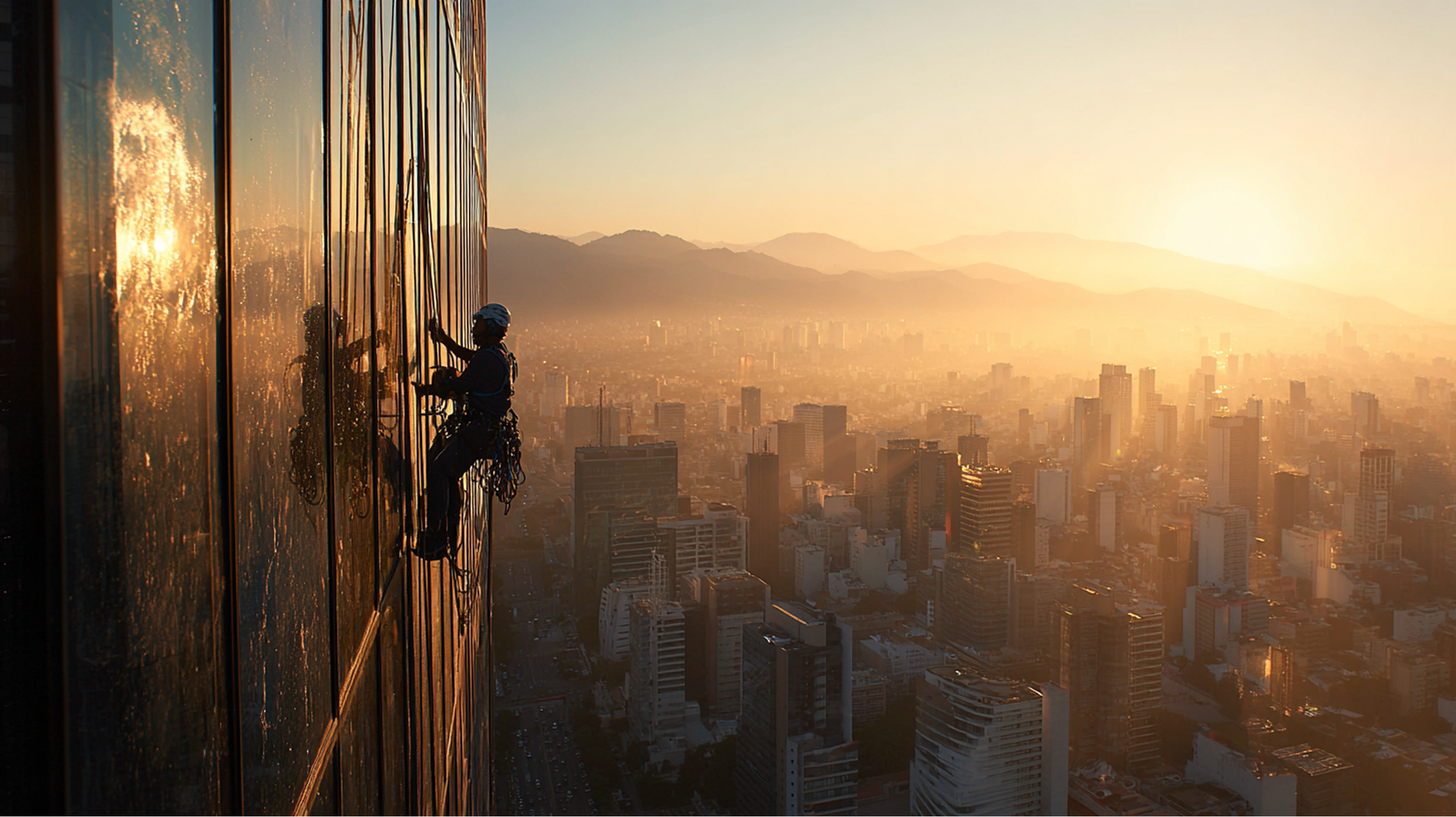 JG Clean technician rappelling a high-rise — precision in every environment